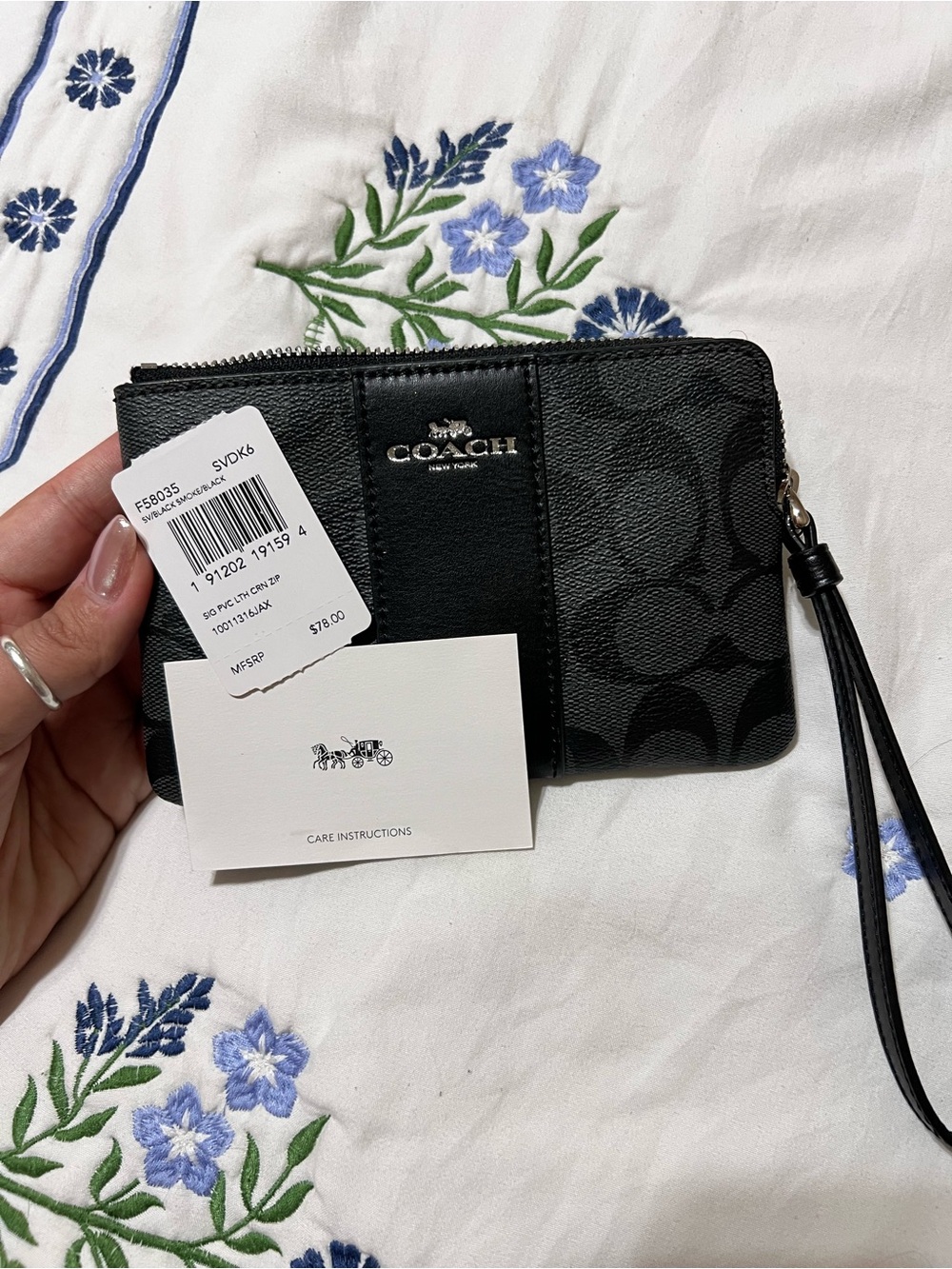 NWT Coach Black Signature Wristlet with Leather Trim and Tassel